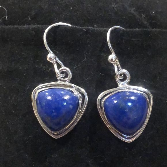 VINTAGE Sterling Silver Lapis Lazuli Cabochon Drop Dangle Earrings - Picture 2 of 7